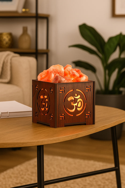 Wooden Basket Salt Lamp - Om